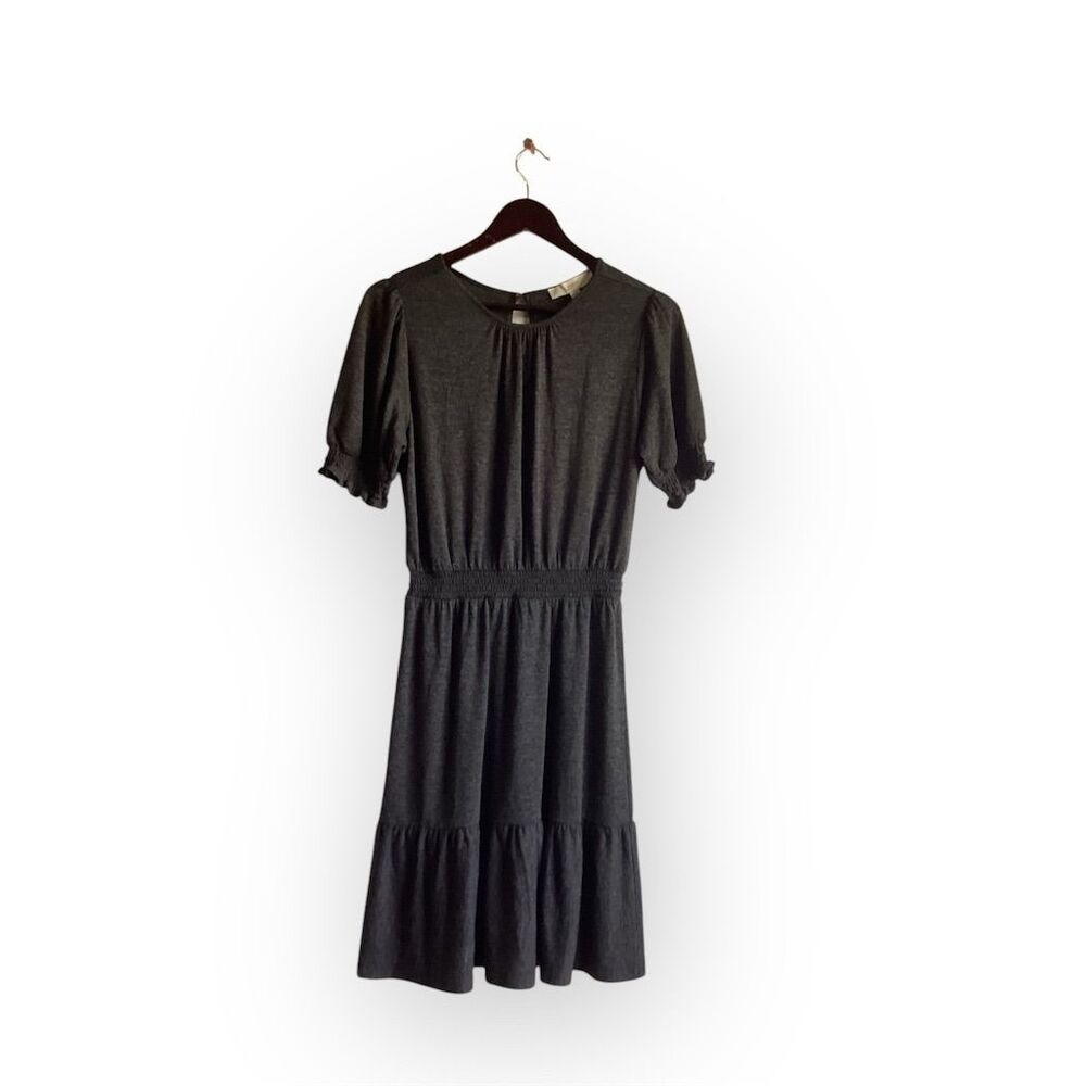 LOFT Women's Charcoal Gray Jersey Knit Smocked Tiered Midi‎ Dress Size S